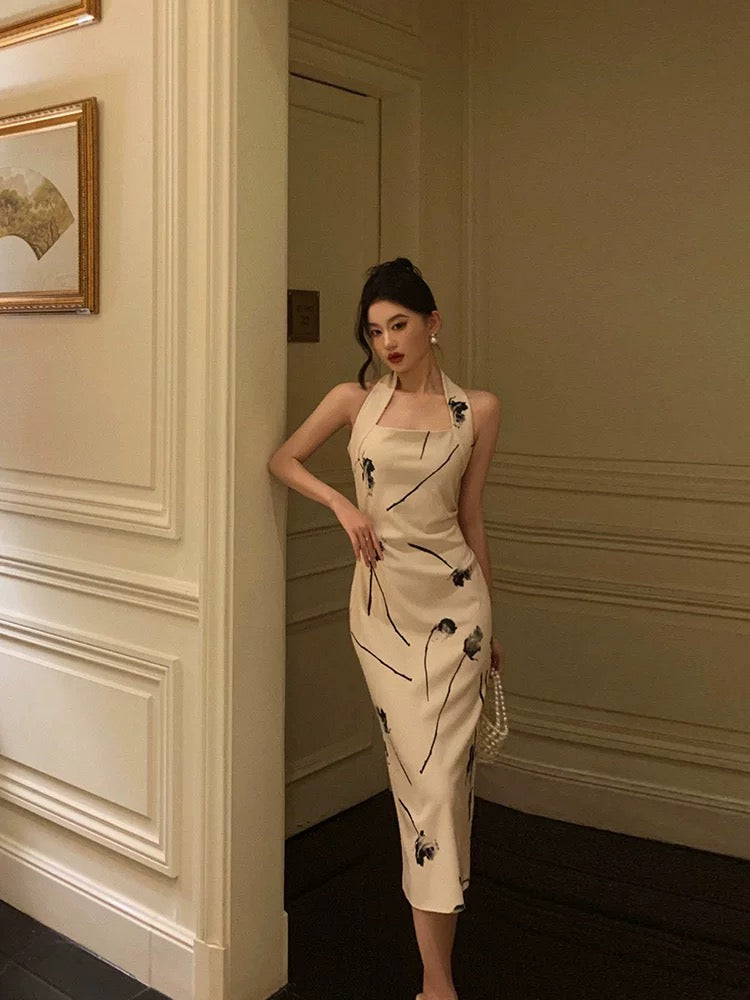 Pretty Sheath Halter Satin Floral Prom Dresses Birthday Outfits Evening Gown SD930