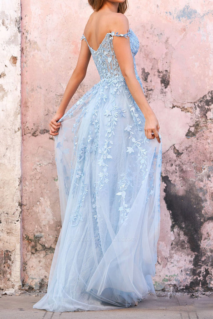 Sky Blue Off The Shoulder Lace Appliques Prom Dress, A Line Sweetheart Dance Dress SH556