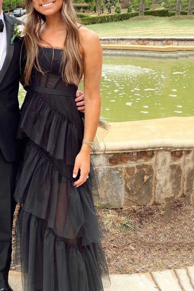 Simple A-Line Layered Tulle Black Prom Dresses, Long Party Dance Dresses SH561