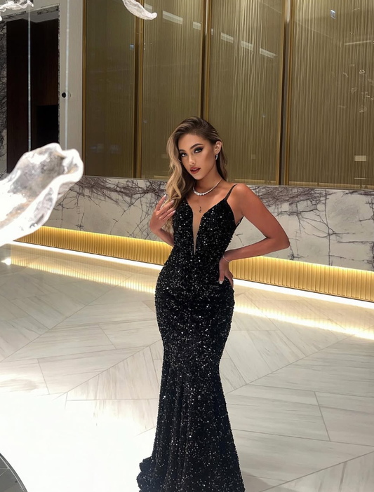 Unique Mermaid Spaghetti Strap Black Sequin Open Back Long Sweep Prom Dress SH2331