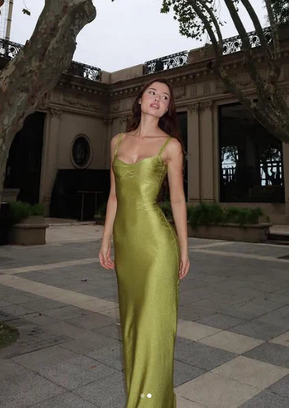 Olive Green Fashion Elegant Strap Long satin Slim Ankle-Length Prom Dress Evening Gown Party Dress gh3635