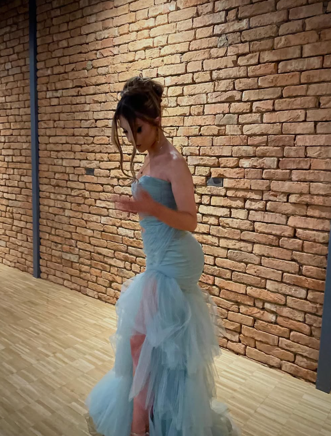 Unique Mermaid Sweetheart Neck Blue Tulle Long Prom Dress Evening Dress SH2271