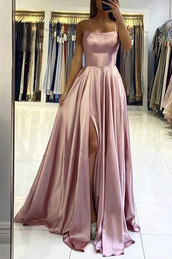 Simple Stretch Satin A-Line Scoop Split Long Prom Dress, Evening Gowns