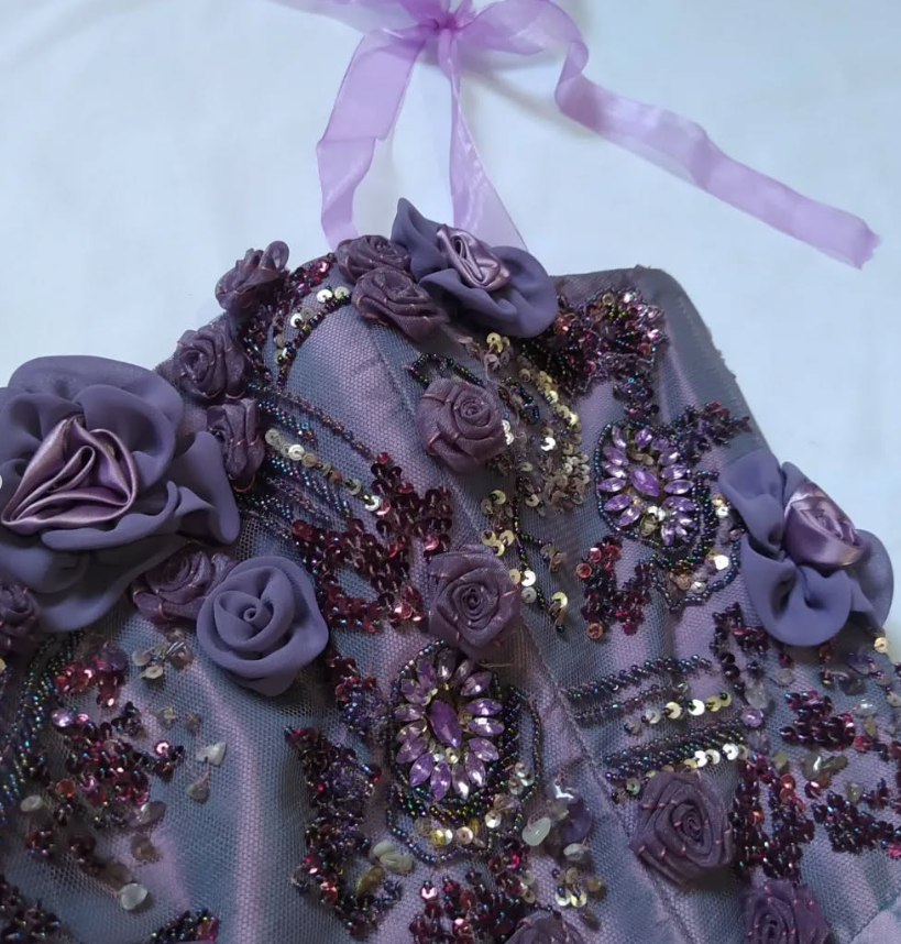Vintage Purple A Line Strapless Flower Beaded Sequin Satin Tulle Prom Dress Gown SH2528