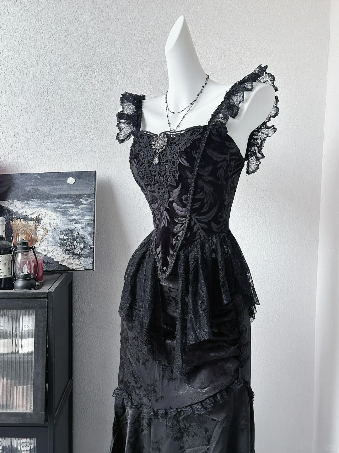 Vintage Black Satin Lace Long Party Dress Evening Dress S648