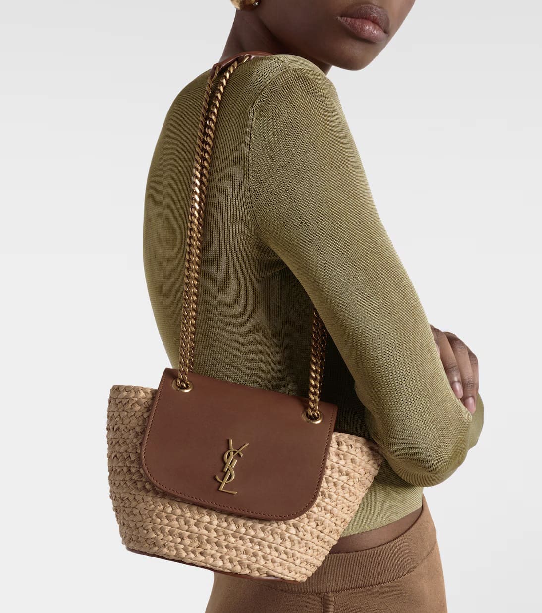 Saint Laurent Manon Mini raffia and leather shoulder bag