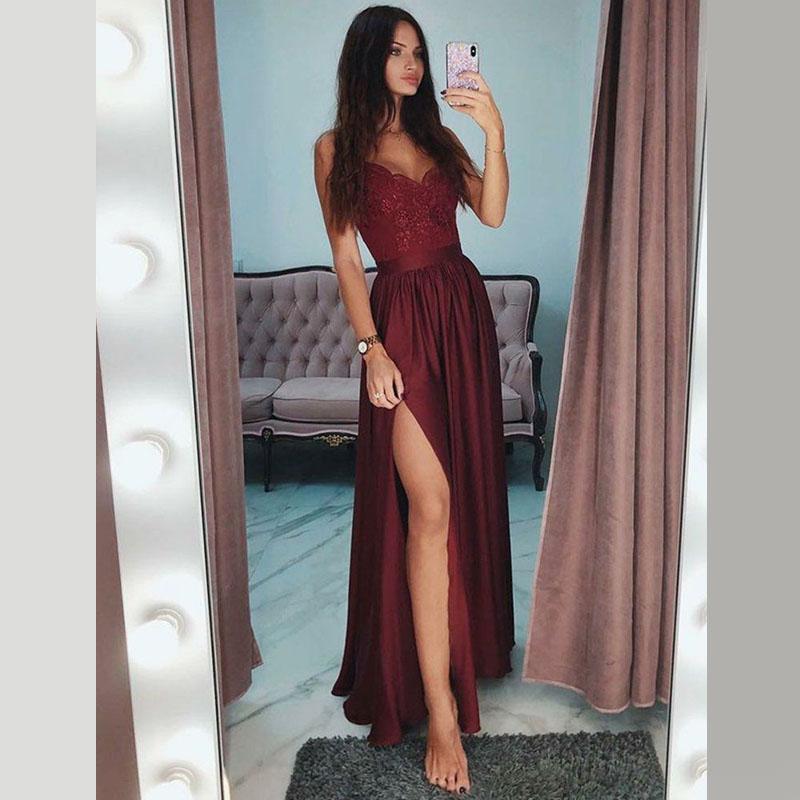 Sexy Burgundy Spaghetti Straps Lace Side-slit A-line Cheap Long Prom Dresses