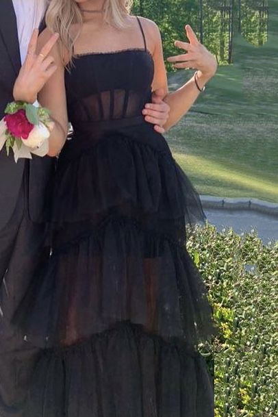 PM414,Elegant A-line Layered Tulle Black Prom Dress,Sheer Corset Long Evening Dress,Black Graduation Dres