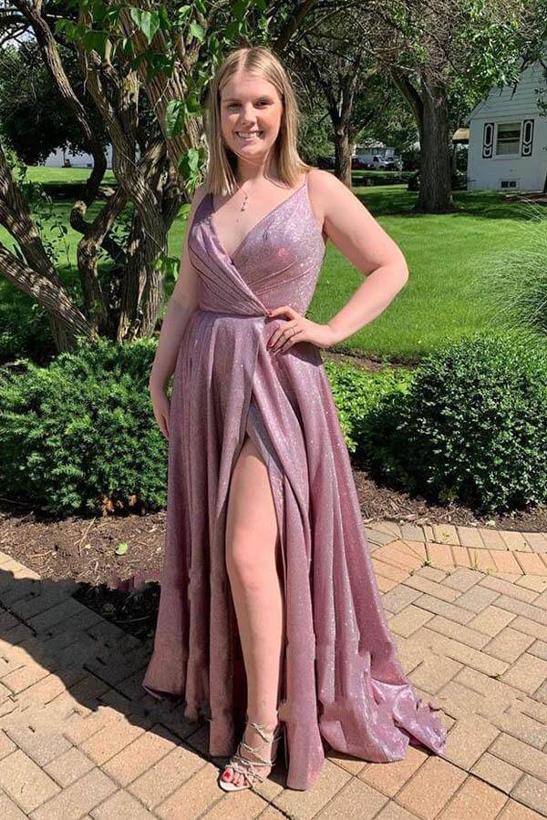 Sparkly A-line Spaghetti Straps Prom Dresses, Evening Dresses With Slit