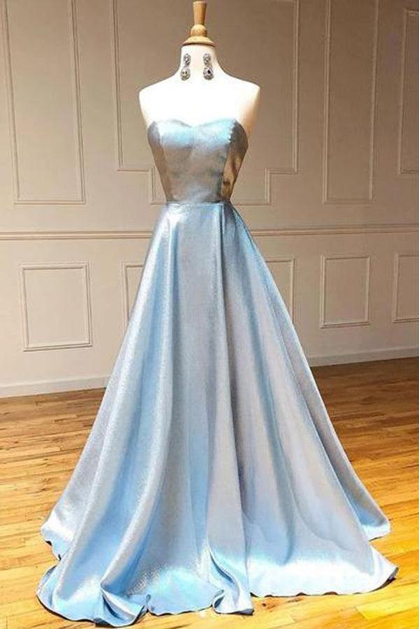 Simple Light Blue Satin Strapless Long A Line Prom Dress PSK099