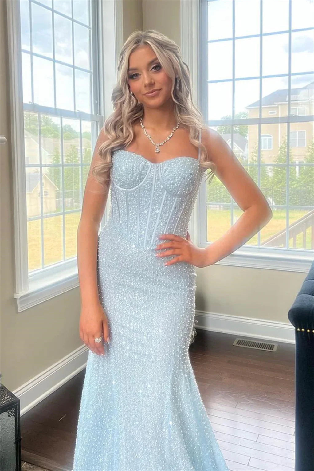 Spaghetti Straps Light Blue Sequin Prom Dresses