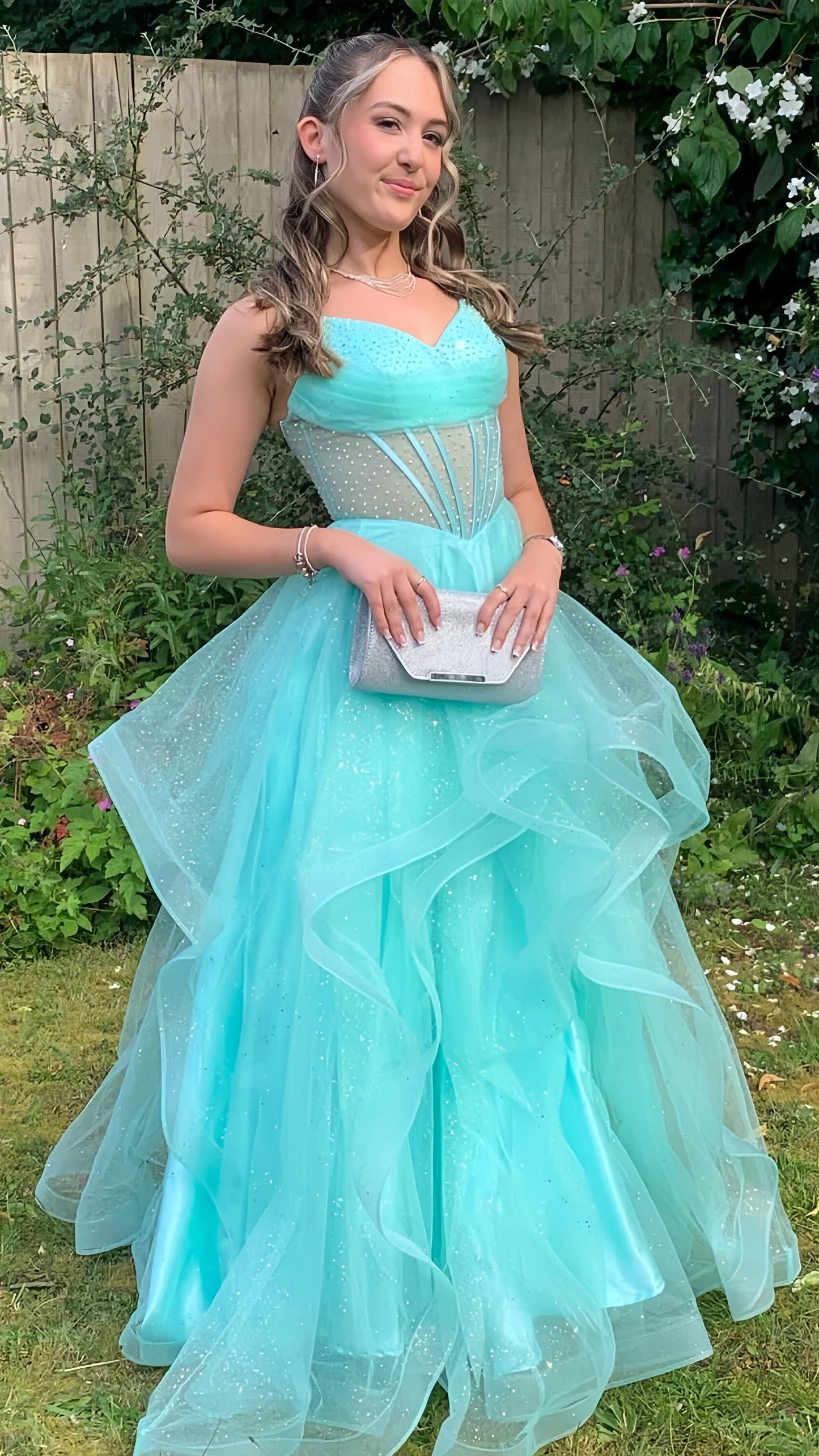 Sparkle Tiffany Blue Tulle Prom Dress, Sleeveless Ruffle Ball Gown