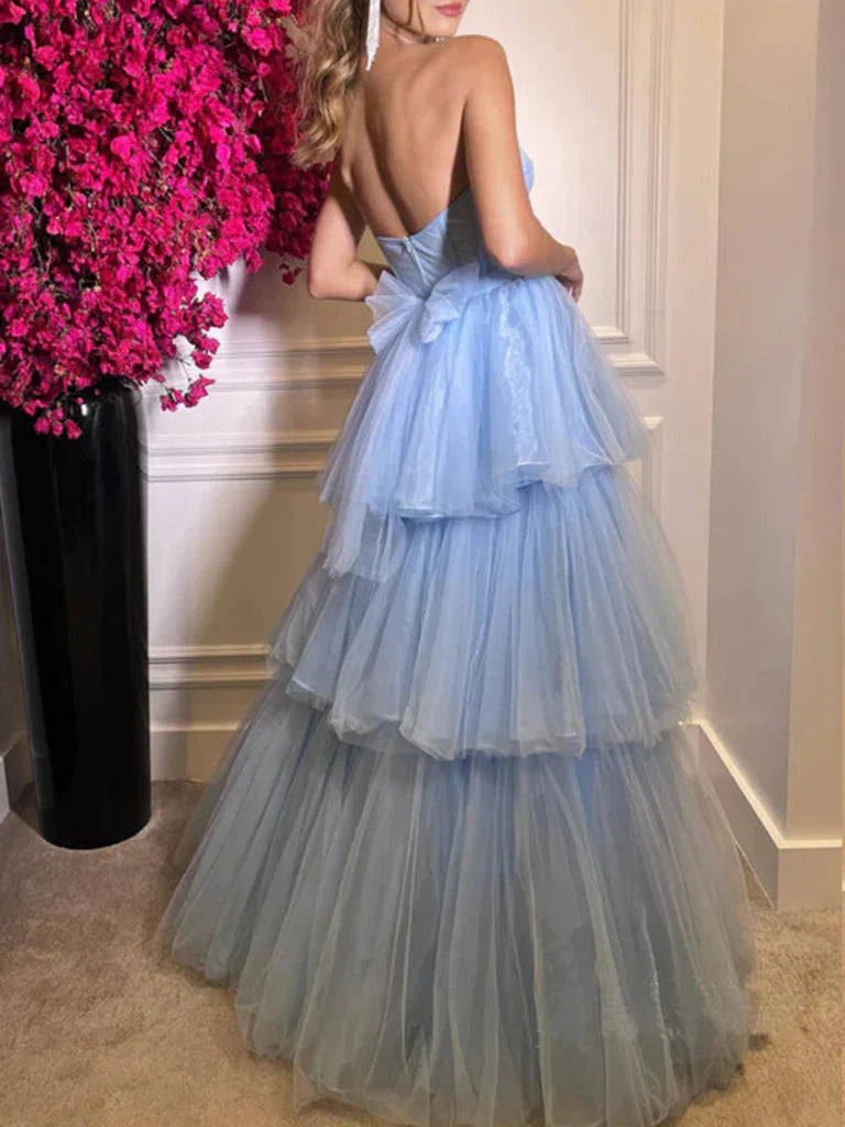 A Line Strapless Layered Light Blue Tulle Long Prom Dresses SH1657