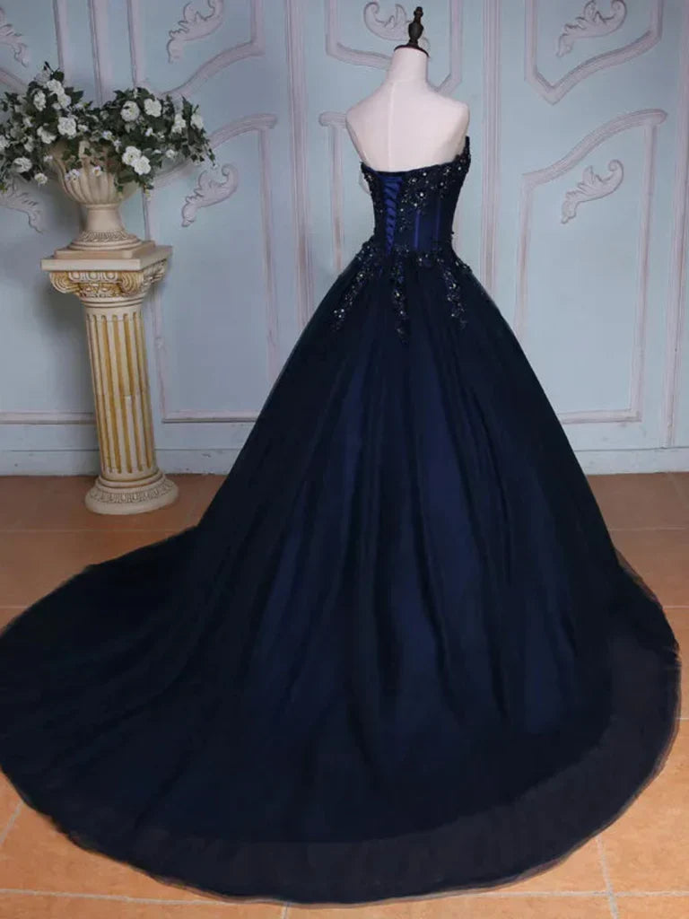 Navy Blue Strapless Sequins Tulle Long Prom Dresses Ball Gown SH1656