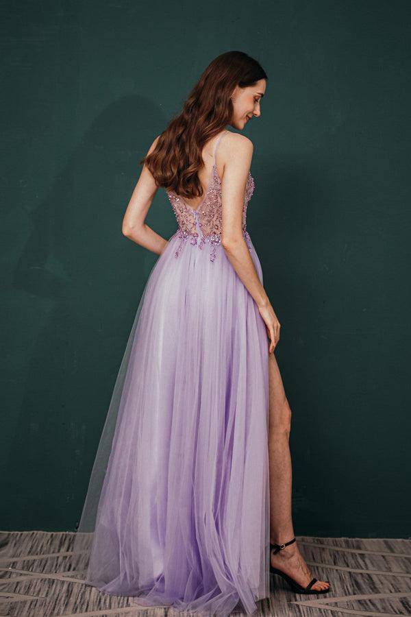 Straps A-Line Beading Rose Split Tulle Prom Dress with Crystal PSK006