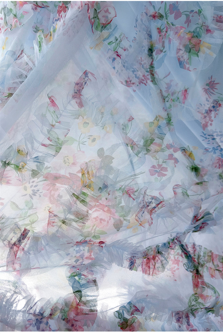 Pretty Straps Blue Floral Print Ruched Long Formal Evening Dresses