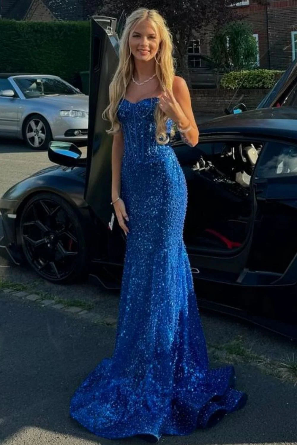 Straps Light Blue Sequin Long Formal Dress with Beaded