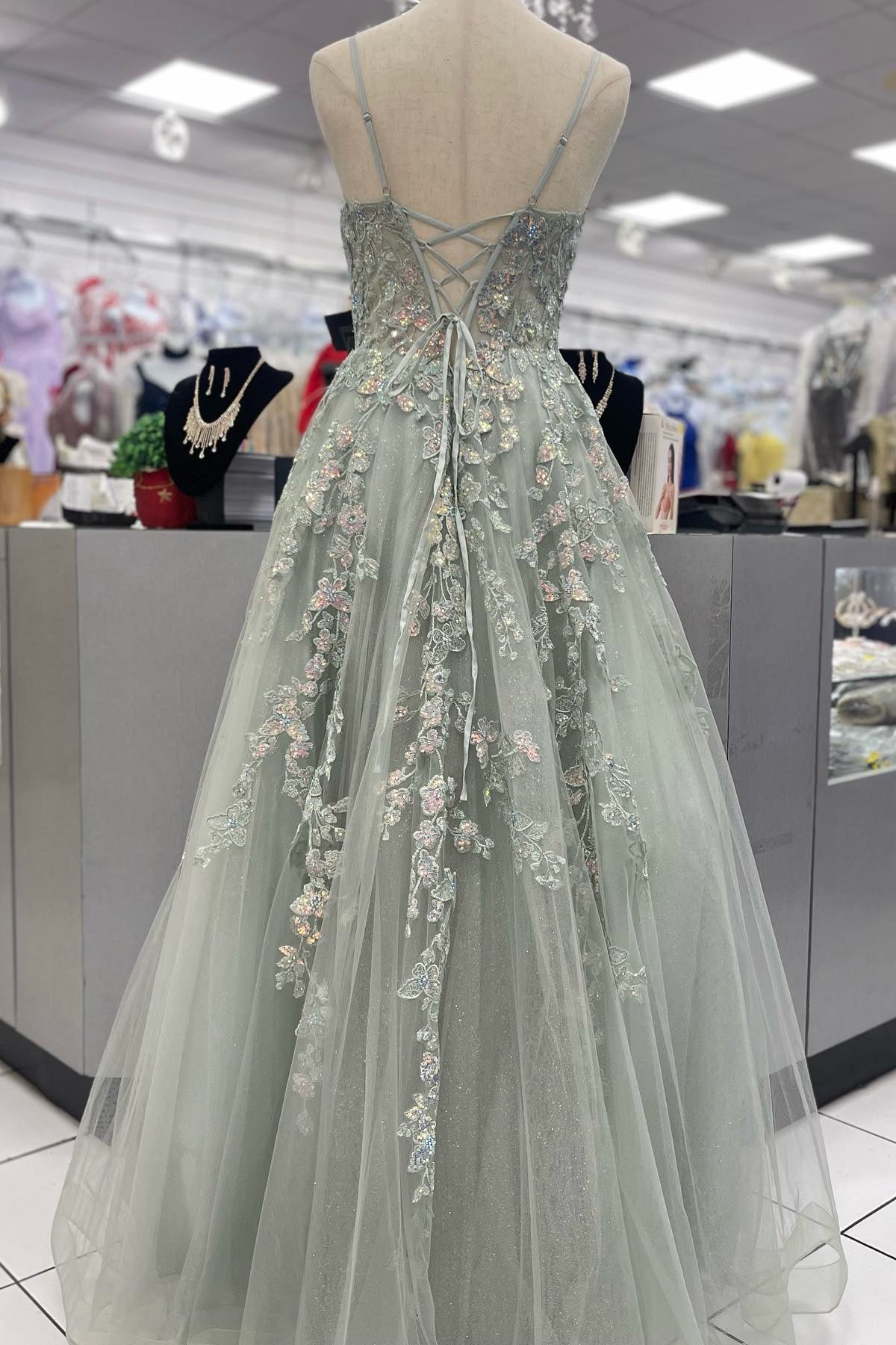 Straps Gray Lace Appliques Long Dress for Formal Occasion