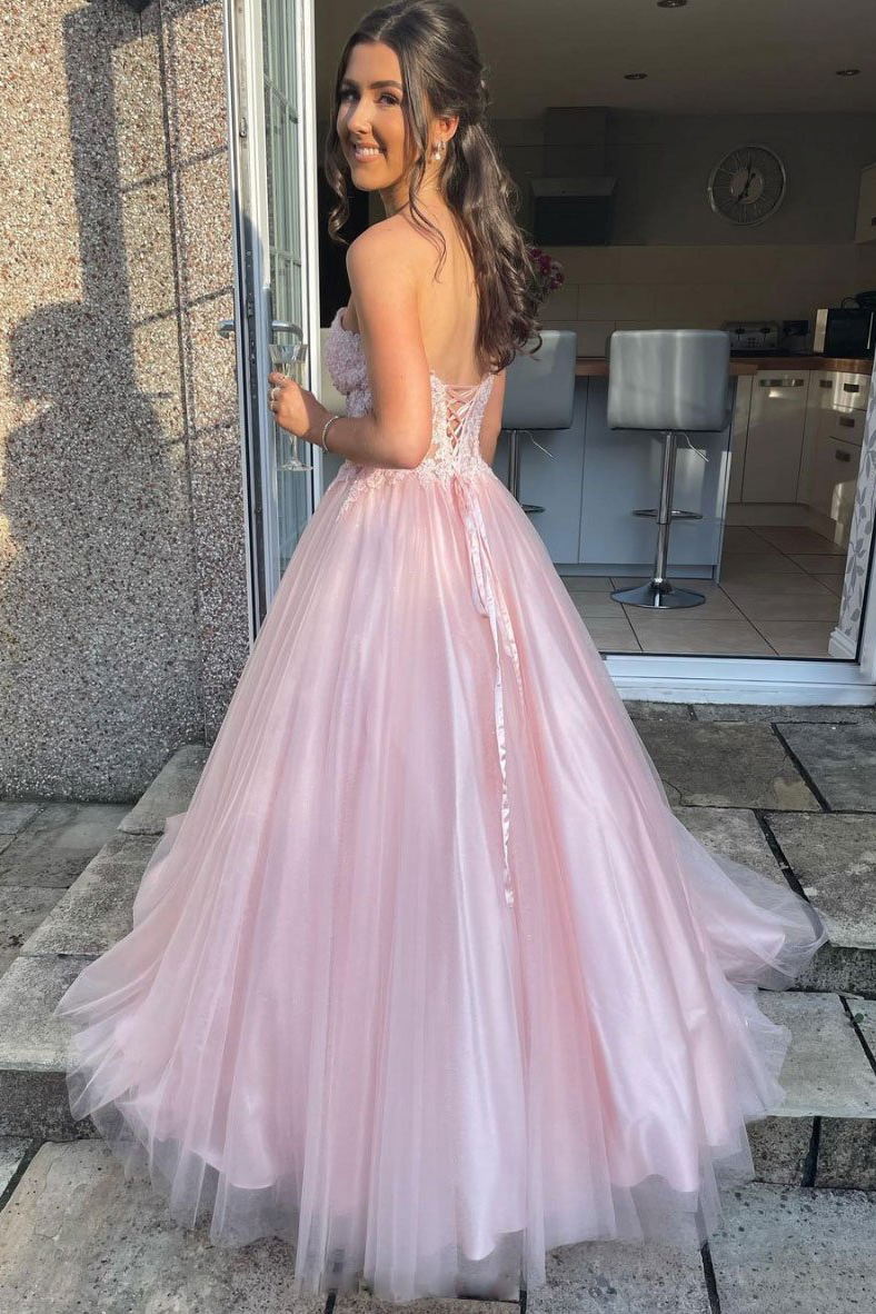 Sweetheart Lace Top Tulle Pink Long Prom Dress, Pink Formal Gown
