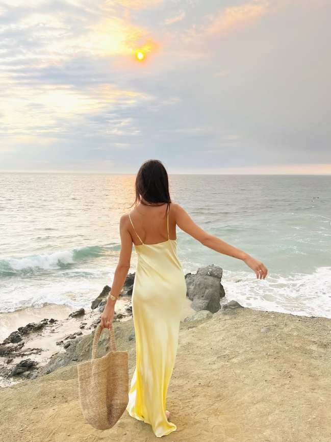 Simple Sheath Spaghetti Strap Lace Yellow Satin Long Prom Dress Evening Dress SH2013
