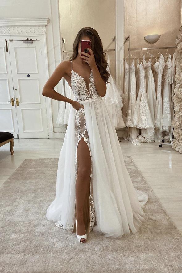 White v neck lace long prom dress white evening dress KS3894