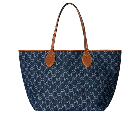 GUCCI TOTISSIMA LARGE TOTE BAG DENIM BLUE AND BROWN 30CM 820481 FAECC 4243