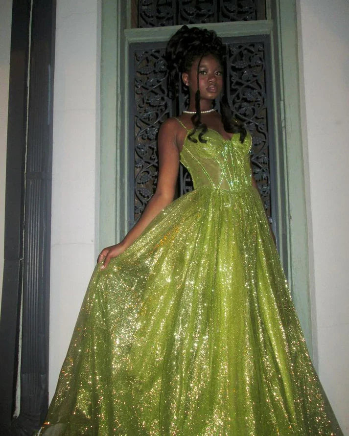 Stunning Green A Line Spaghetti Strap Corset Sequin Long Prom Dress Evening Dress SH3543