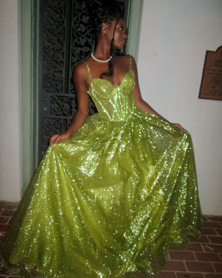 Stunning Green A Line Spaghetti Strap Corset Sequin Long Prom Dress Evening Dress SH3543