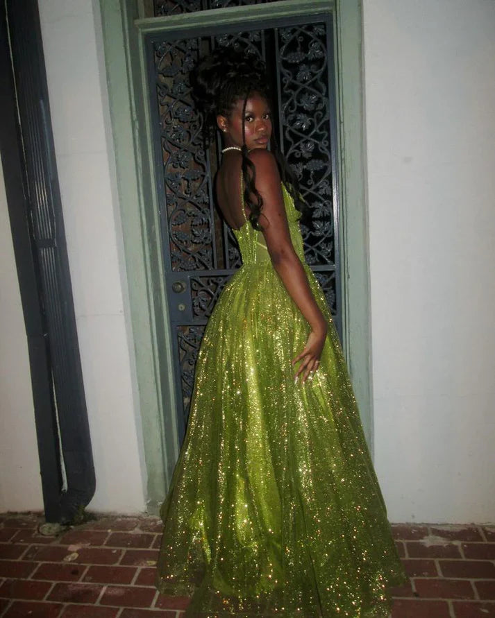 Stunning Green A Line Spaghetti Strap Corset Sequin Long Prom Dress Evening Dress SH3543