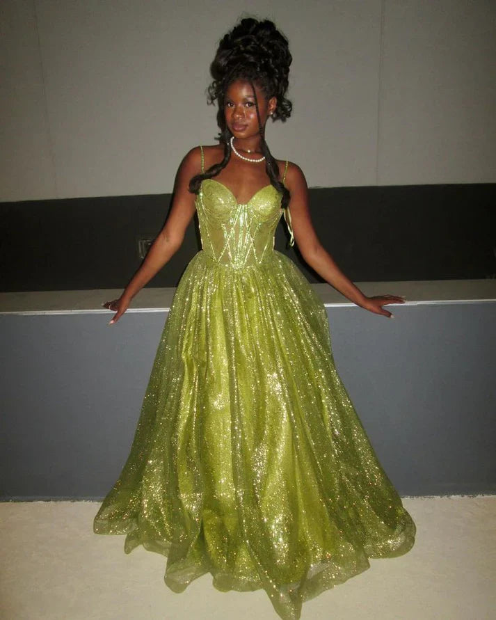 Stunning Green A Line Spaghetti Strap Corset Sequin Long Prom Dress Evening Dress SH3543
