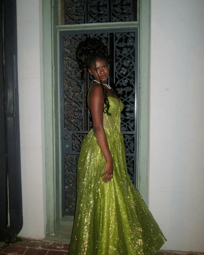 Stunning Green A Line Spaghetti Strap Corset Sequin Long Prom Dress Evening Dress SH3543