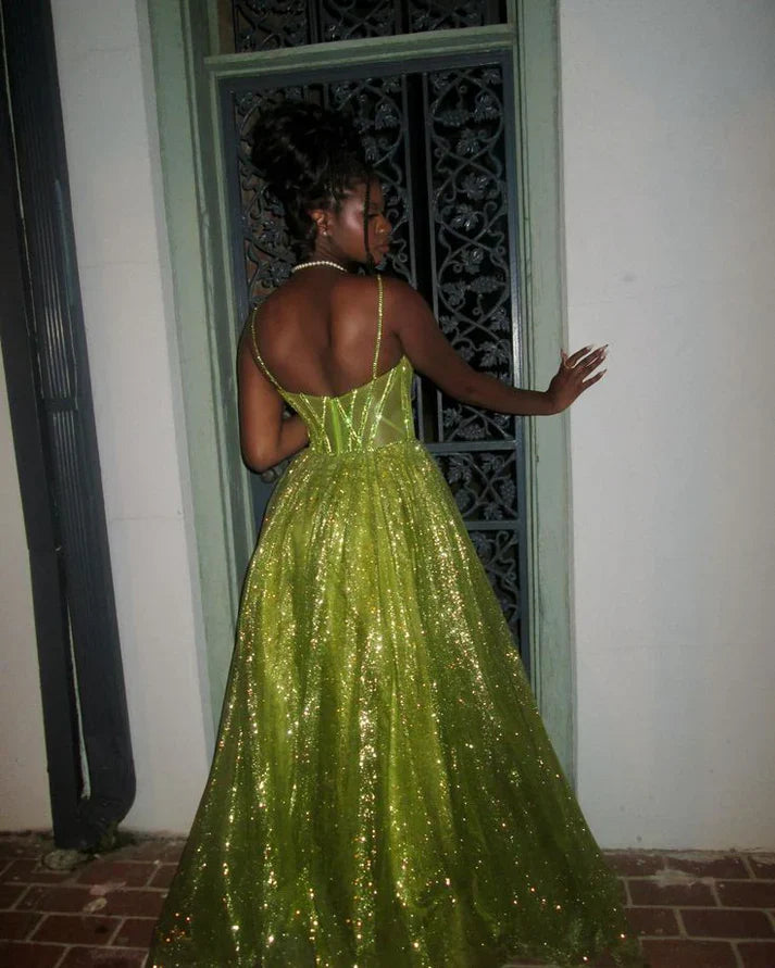 Stunning Green A Line Spaghetti Strap Corset Sequin Long Prom Dress Evening Dress SH3543
