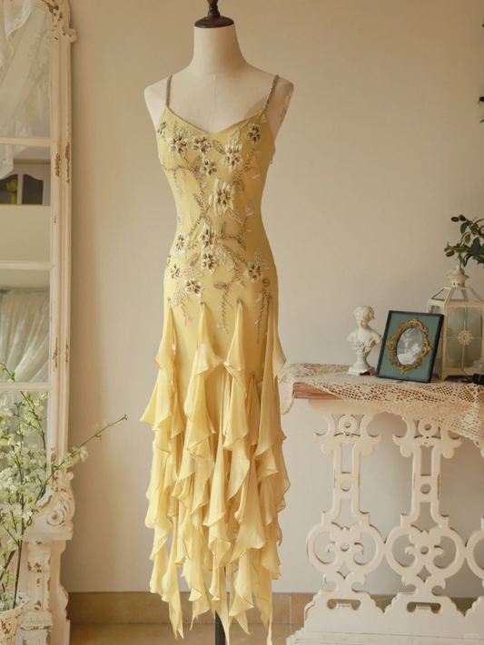 Yellow Mermaid Spaghetti Strap Embroidered Beaded Ruffle Chiffon Prom Dress Formal Dress SH3881