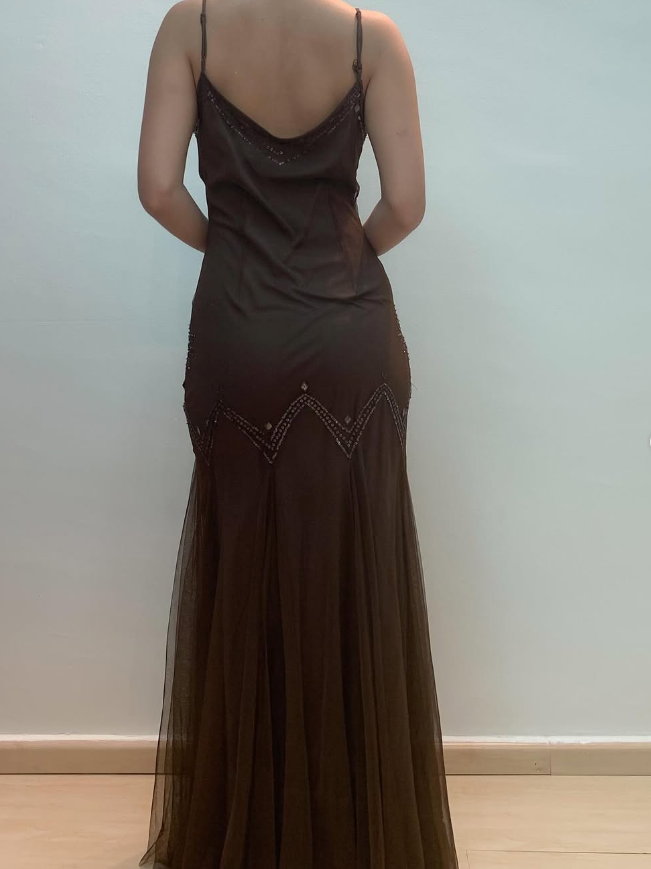 Vintage Mermaid Spaghetti Strap Sequins Brown Chiffon Prom Dress Evening Dress SH2185