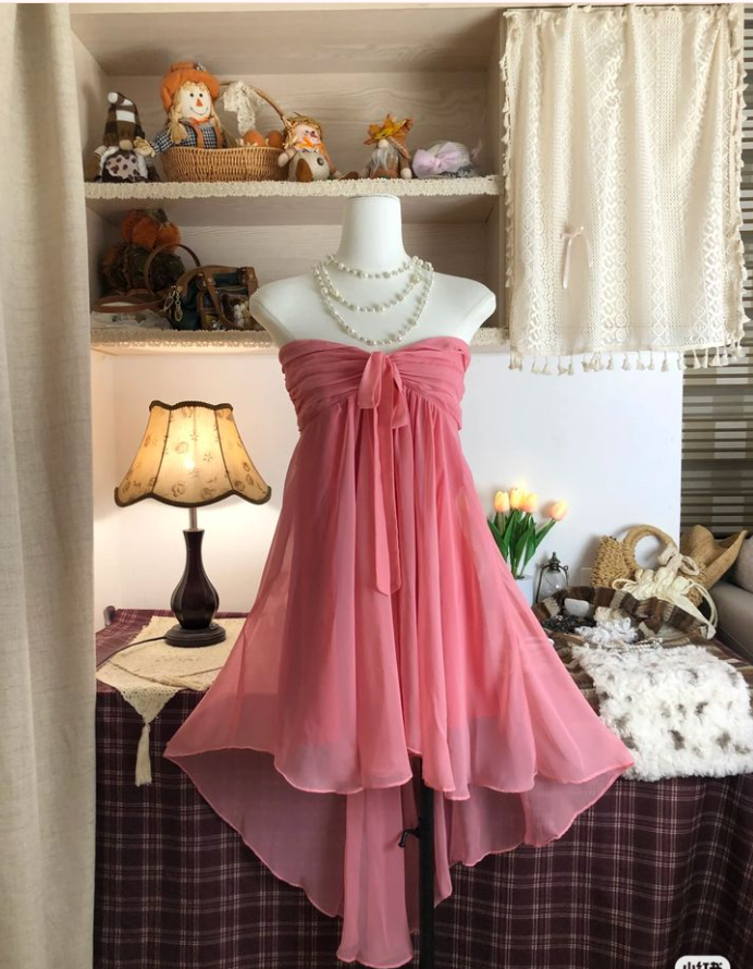 Vintage Pink Chiffon Strapless A Line Short Party Gown Homecoming Dress S238
