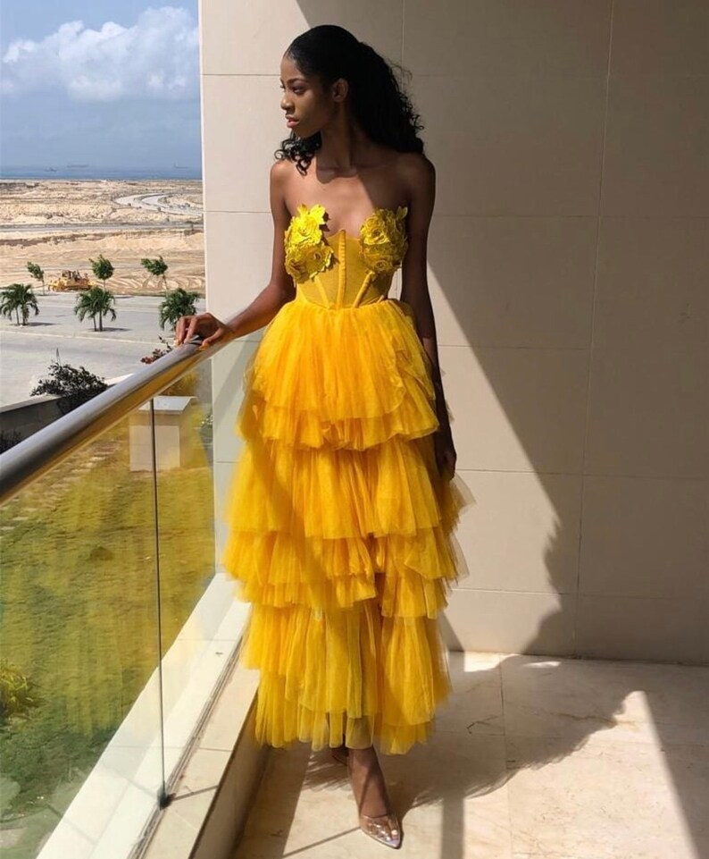 Unique Yellow Strapless Layered Tulle Long Prom Dress SH722