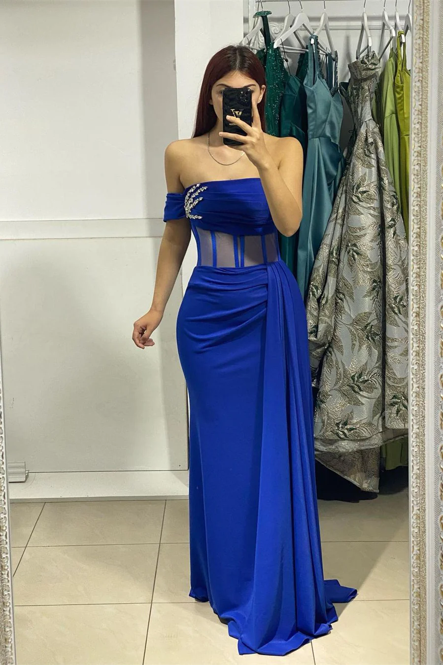 Charming Long Royal Blue Strapless Prom Dress With Beaded SH833