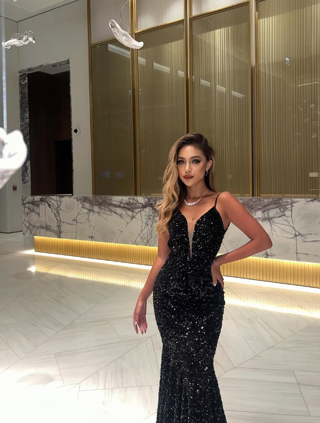 Unique Mermaid Spaghetti Strap Black Sequin Open Back Long Sweep Prom Dress SH2331