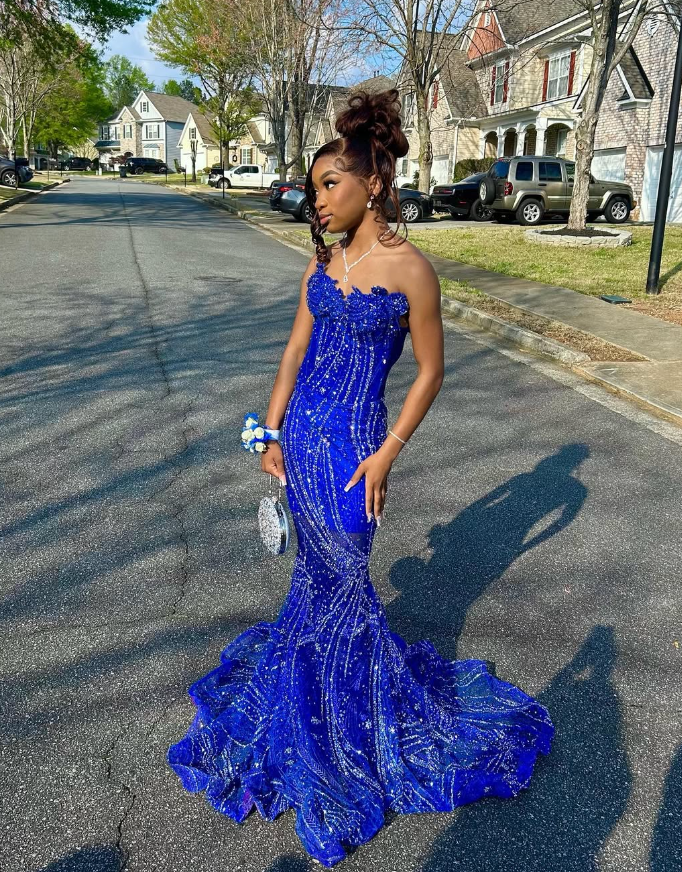 Elegant Royal Blue Sequin Beaded Appliques Mermaid Prom Dress Evening Dress SH982
