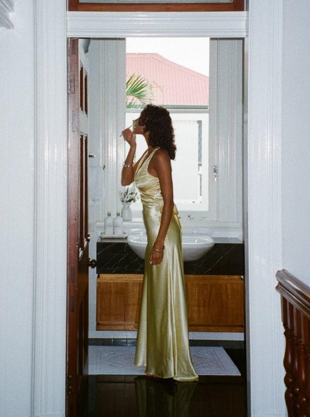 Elegant A Line Halter Yellow Bow Satin Open Back Prom Dress Graduation Prom Dress SH2589