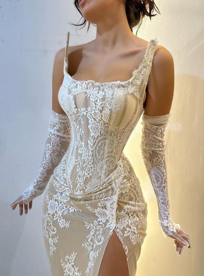 Sexy Sheath Strapless Ivory Lace Prom Dress Evening Dress with Slit SH2274