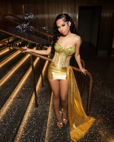 Gorgeous Gold Short Sheath Cocktail Dress Side Train Mini Birthday Dress Homecoming Dress For Black Girl S667