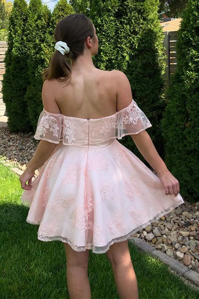 Off Shoulder Short Pink Lace Graduation Homecoming Dresses ,Prom Dresses SH590