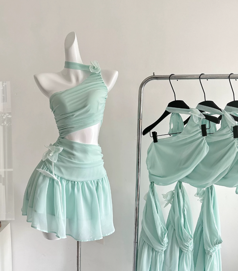 Mint Green A Line Halter Flower Chiffon Short Homecoming Dress Cocktail Dress SH3050