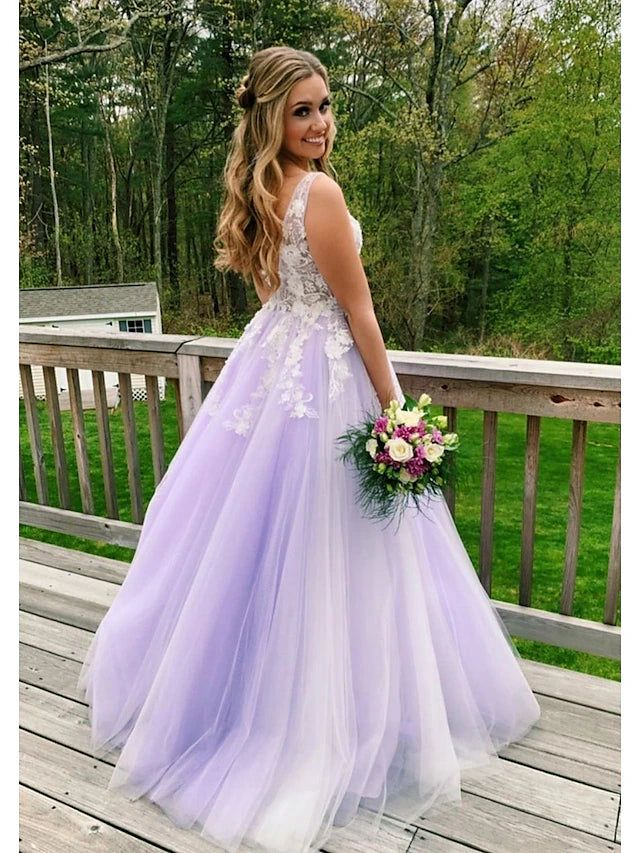 Purple Tulle Appliques V Neck Prom Dresses SH998