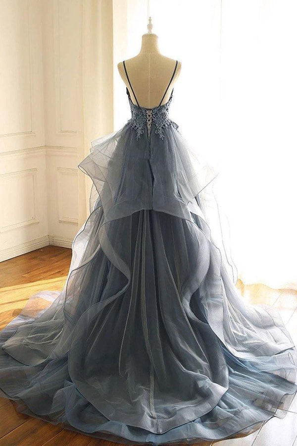 V Neck Ruffles Gray Blue Long Prom Dress Organza Evening Dress PSK016