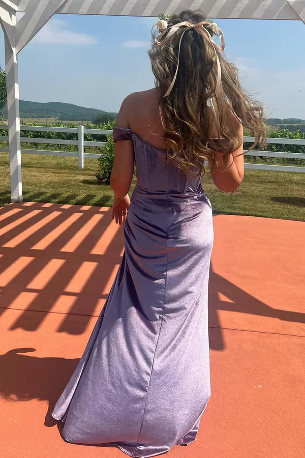 Purple Mermaid Off-the-shoulder Velvet Long Corset Prom Dress with Slit SH1655