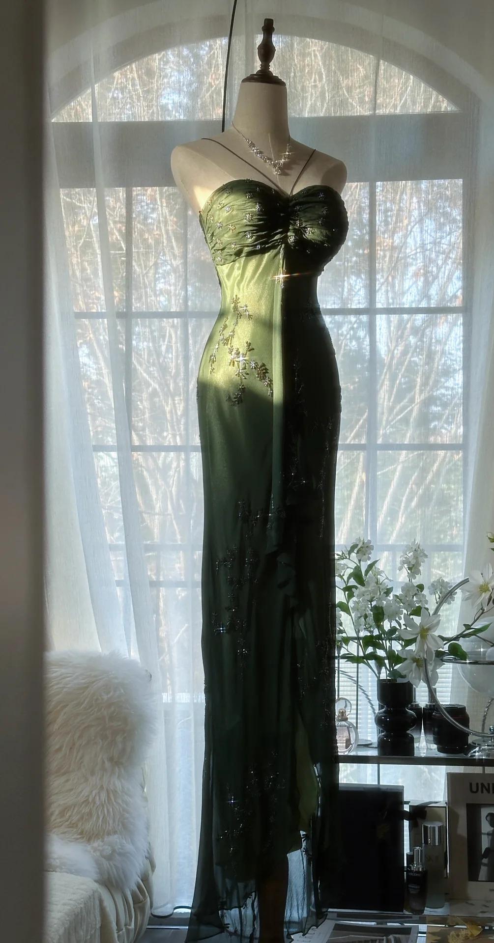 Vintageđź’š Forest Green Spaghetti Straps Long Prom Dresses Glitter Chiffon Beaded Elegant Party Dresses ED01717