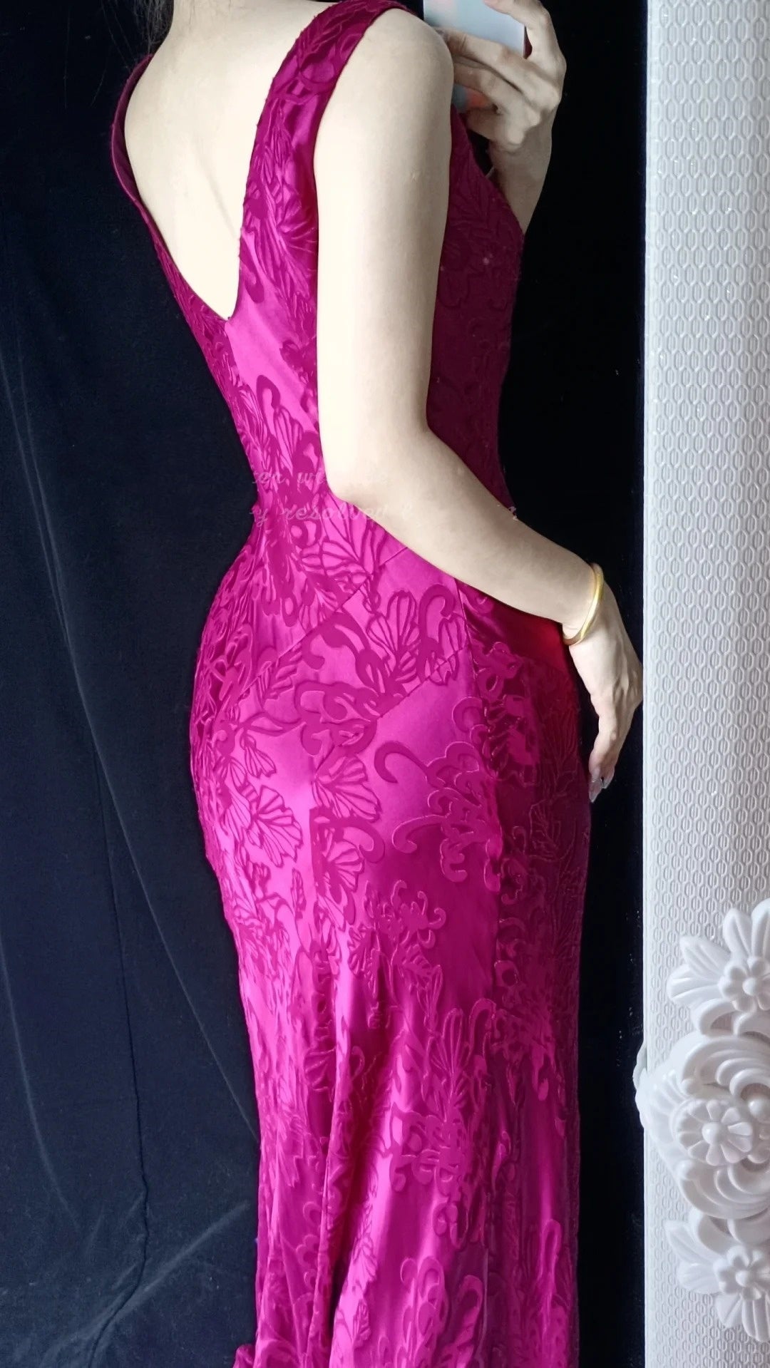 Dark Pink Vintage Floral Elegant Long Lace Neckline Satin Mermaid Fitted Ball Gown Evening Gown Party Dress gh4711