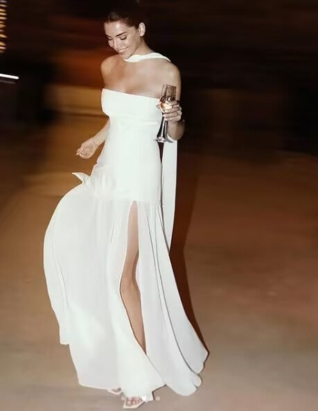 Simple Wedding Dress A line Strapless Chiffon Summer Beach White Split Wedding Dresses Bridal Gowns W0115